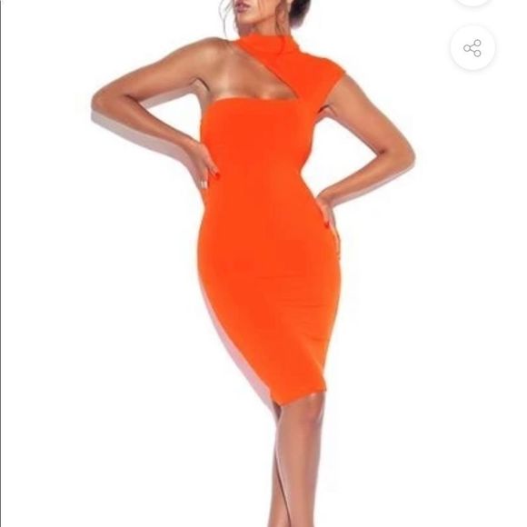 🔥Jolene Orange Neck Cutout Stretch Crepe Dress - Picture 5 of 6